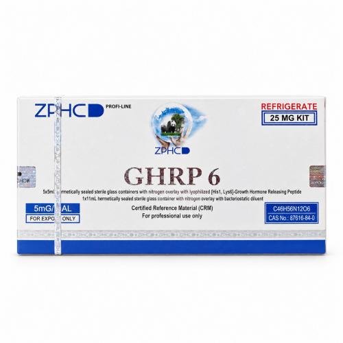 ZPHC GHRP-6 25 mg kit packaging with holographic security seals and refrigeration label, isolated on a clean white background.