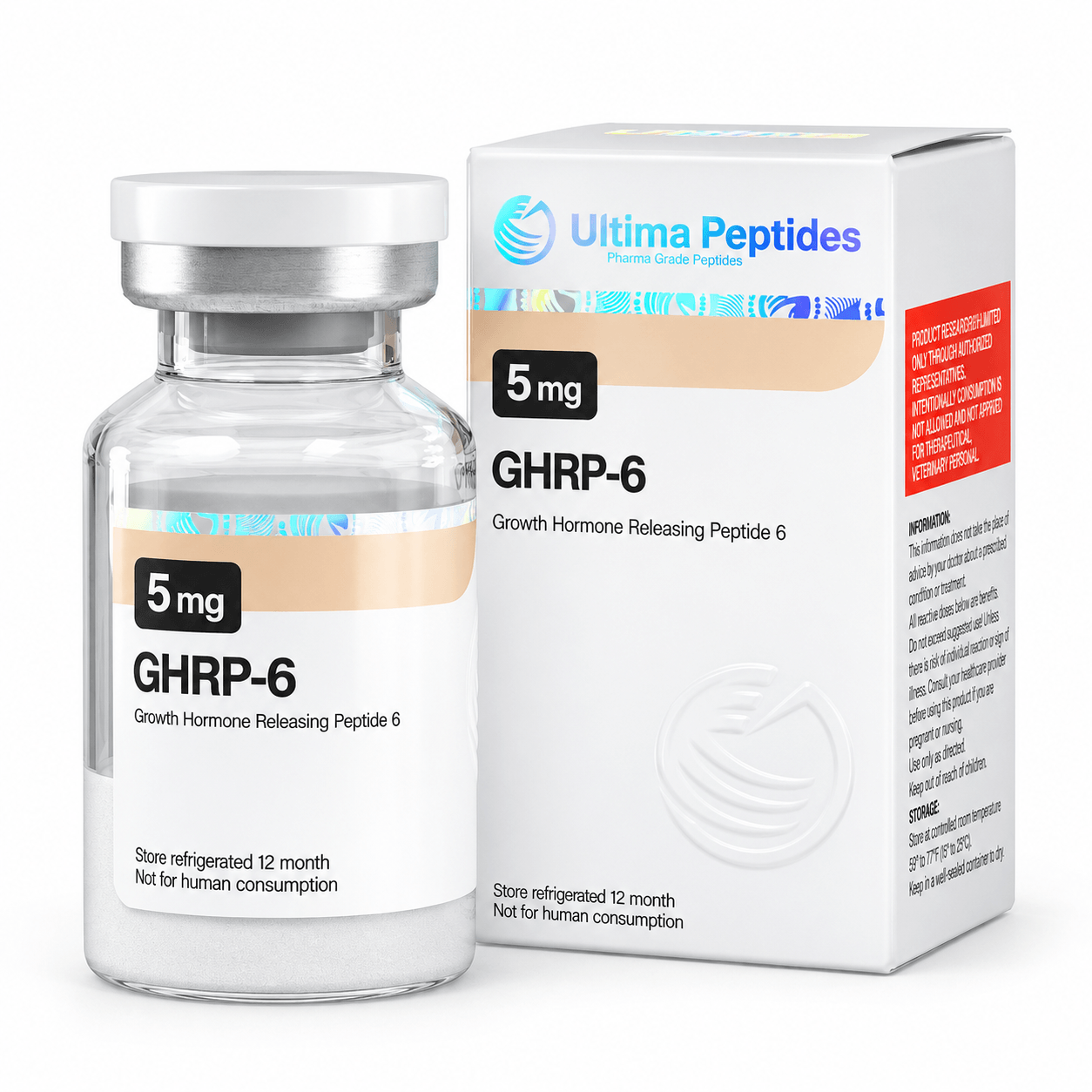Ultima Peptides GHRP-6 5 mg vial with matching product box, isolated on a clean white background.