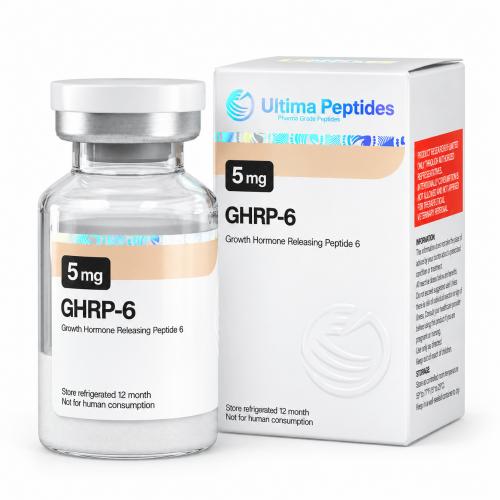 Ultima Peptides GHRP-6 5 mg vial with matching product box, isolated on a clean white background.