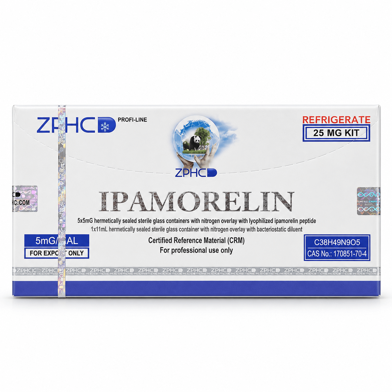 ZPHC Ipamorelin 25 mg kit packaging with holographic security seals and refrigeration label, isolated on a clean white background.