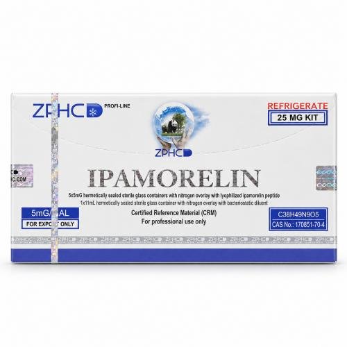ZPHC Ipamorelin 25 mg kit packaging with holographic security seals and refrigeration label, isolated on a clean white background.