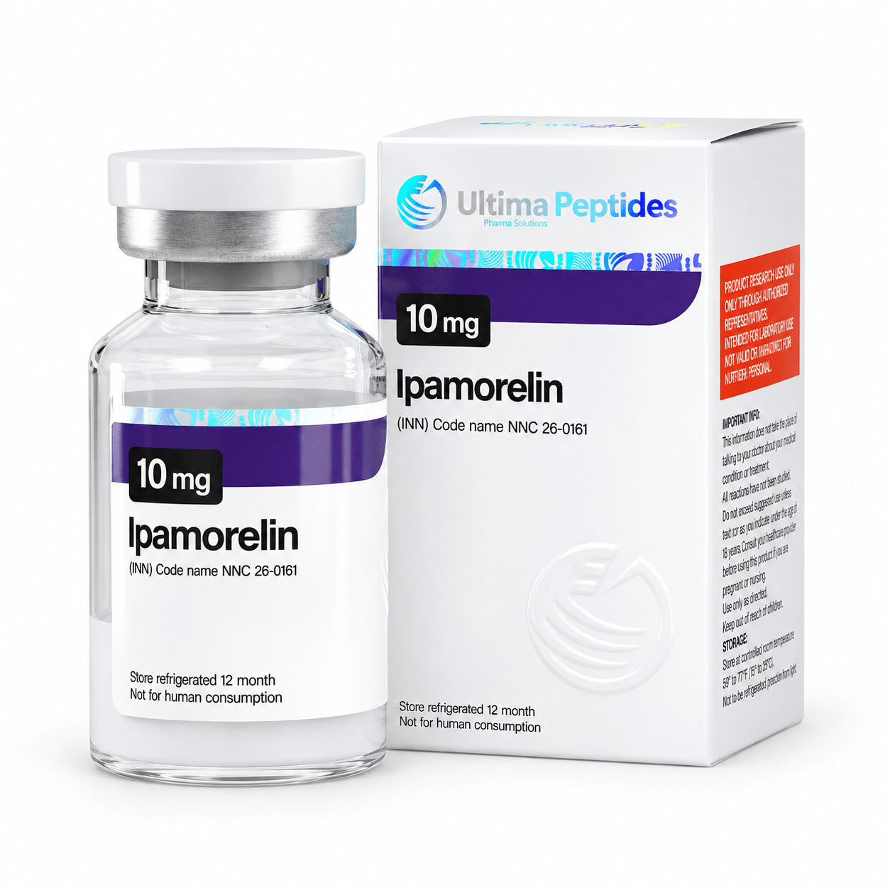 Ultima Peptides Ipamorelin 10 mg vial with matching product box, isolated on a clean white background.