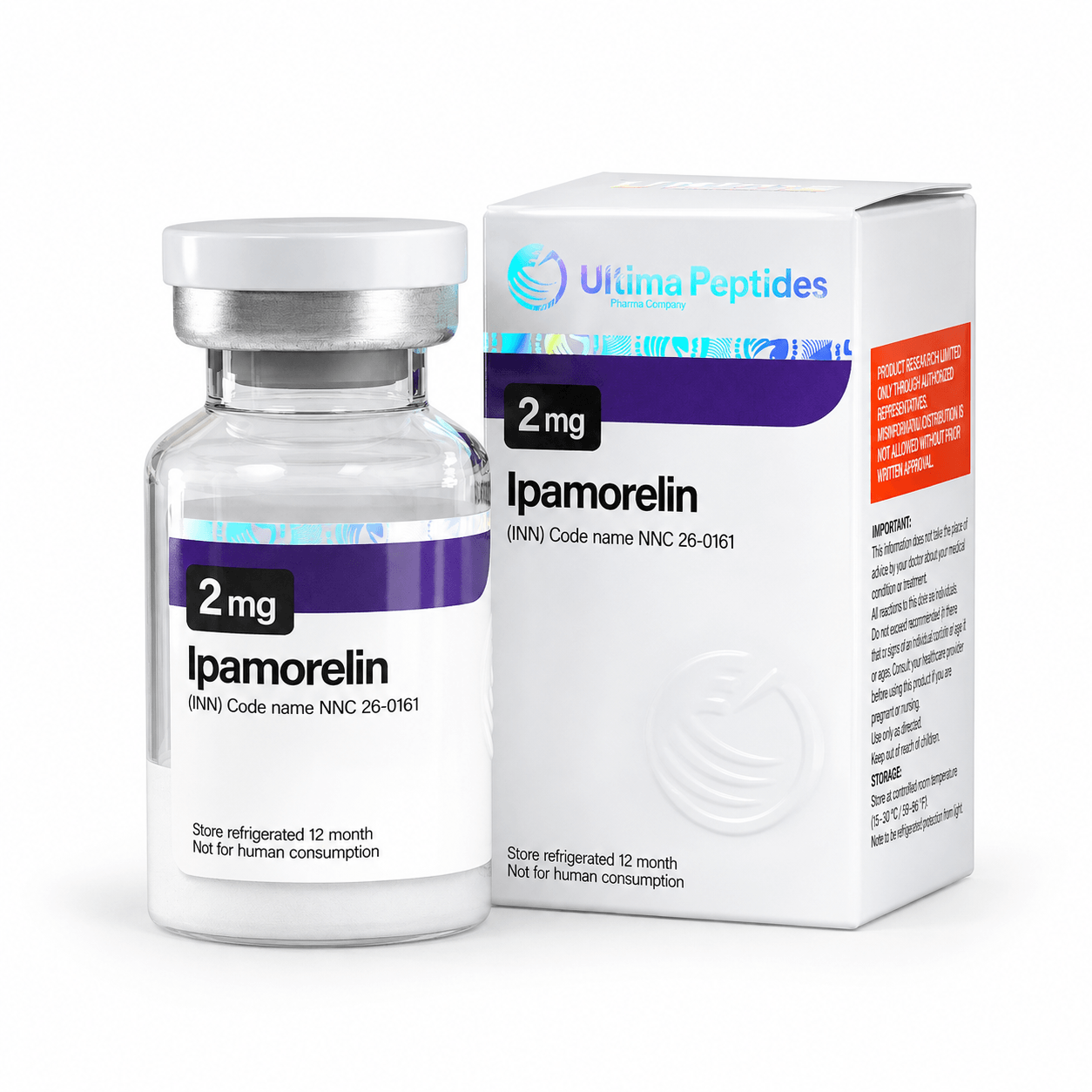 Ultima Peptides Ipamorelin 2 mg vial with matching product box, isolated on a clean white background.