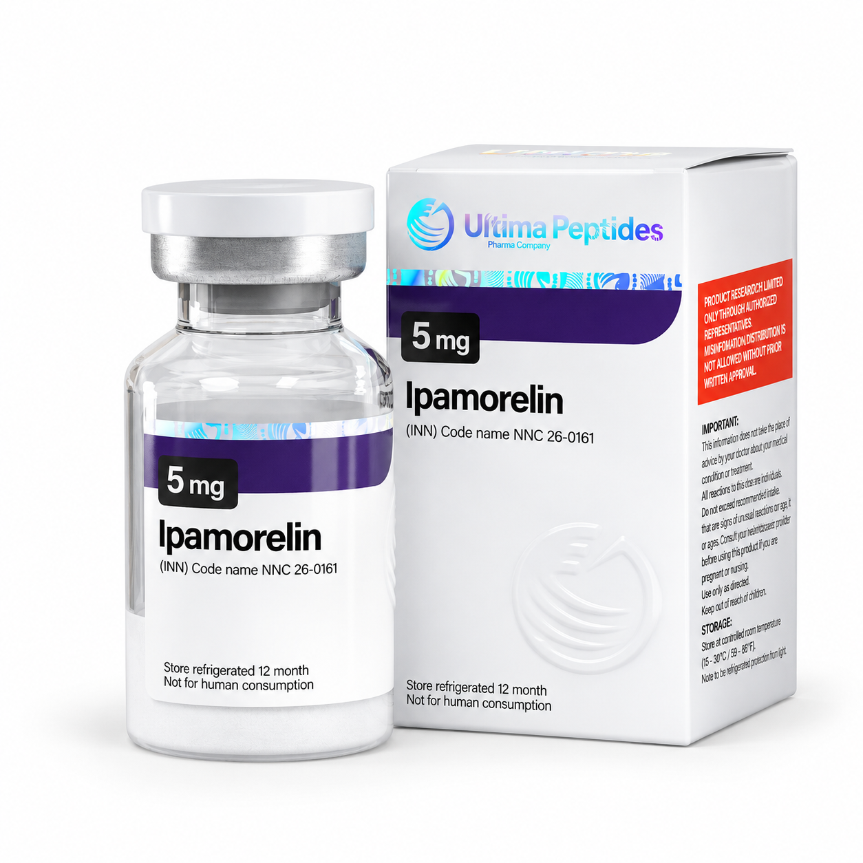 Ultima Peptides Ipamorelin 5 mg vial with matching product box, isolated on a clean white background.