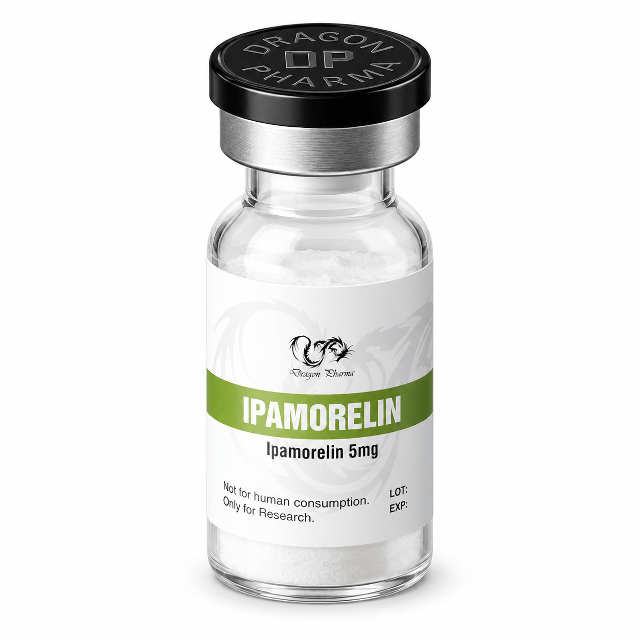 Dragon Pharma Ipamorelin 5 mg vial with white powder, black cap, and green product label, isolated on a clean white background.