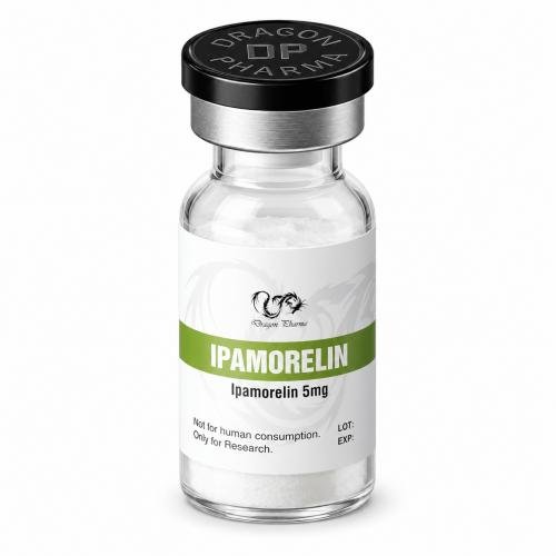 Dragon Pharma Ipamorelin 5 mg vial with white powder, black cap, and green product label, isolated on a clean white background.