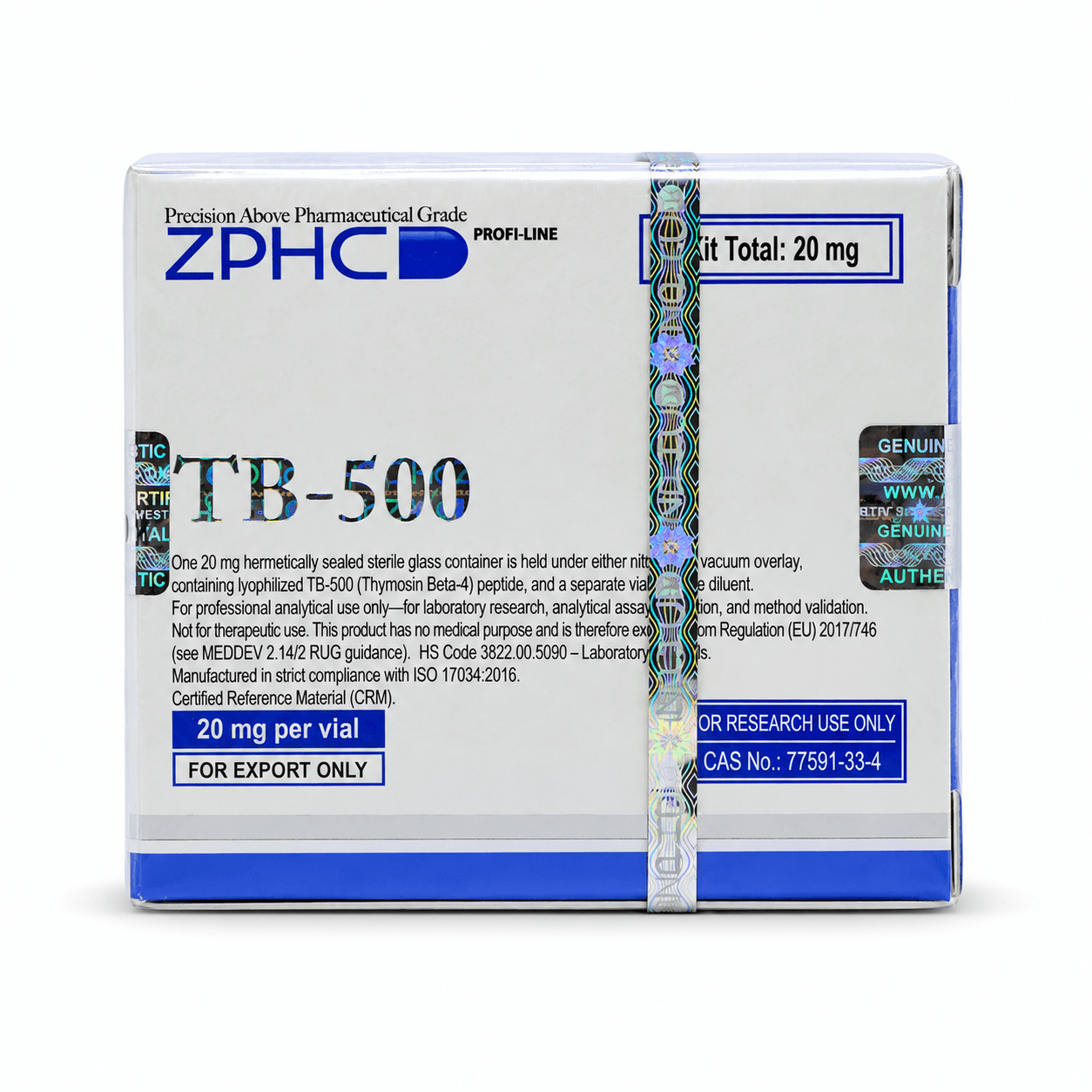 ZPHC TB-500 20 mg research-use kit packaging with holographic security seal, isolated on a clean white background.