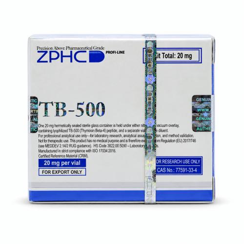 ZPHC TB-500 20 mg research-use kit packaging with holographic security seal, isolated on a clean white background.
