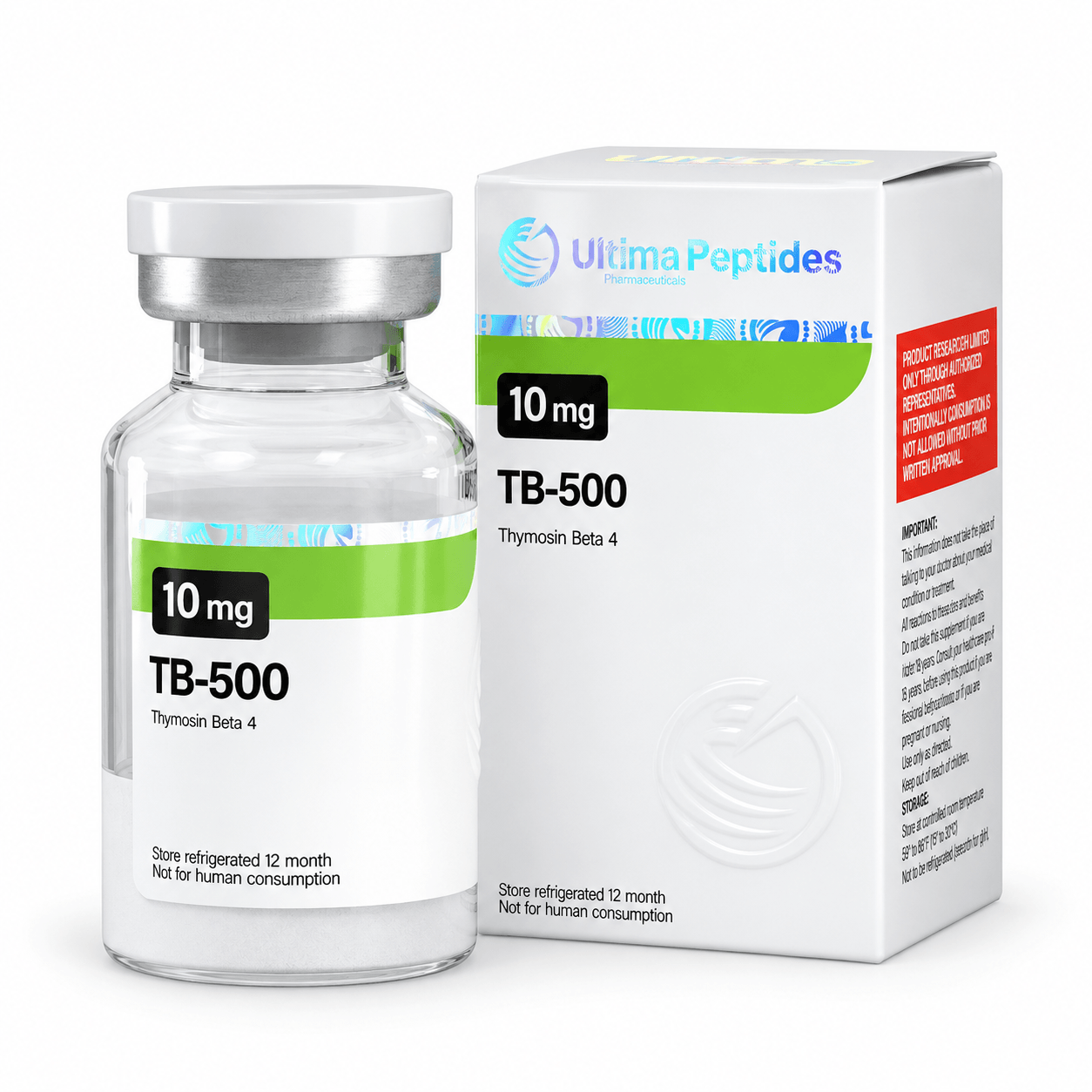 TB-500 10 mg vial and matching Ultima Peptides packaging featuring Thymosin Beta 4, isolated on a white background.