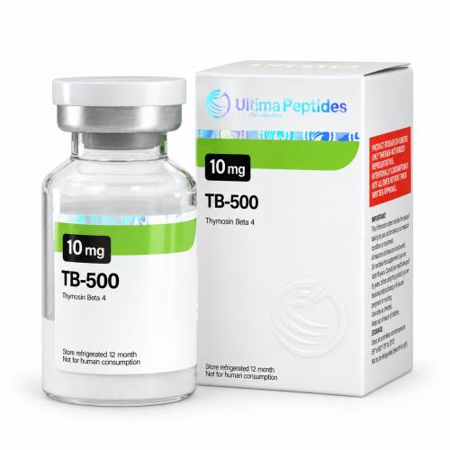 TB-500 10 mg vial and matching Ultima Peptides packaging featuring Thymosin Beta 4, isolated on a white background.