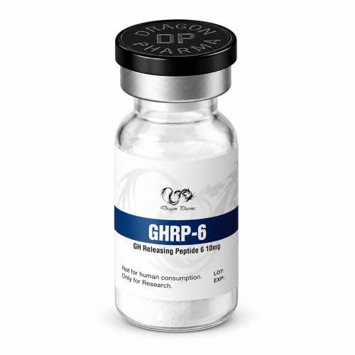 Dragon Pharma GHRP-6 10 mg vial featuring GH Releasing Peptide 6, isolated on a clean white background.
