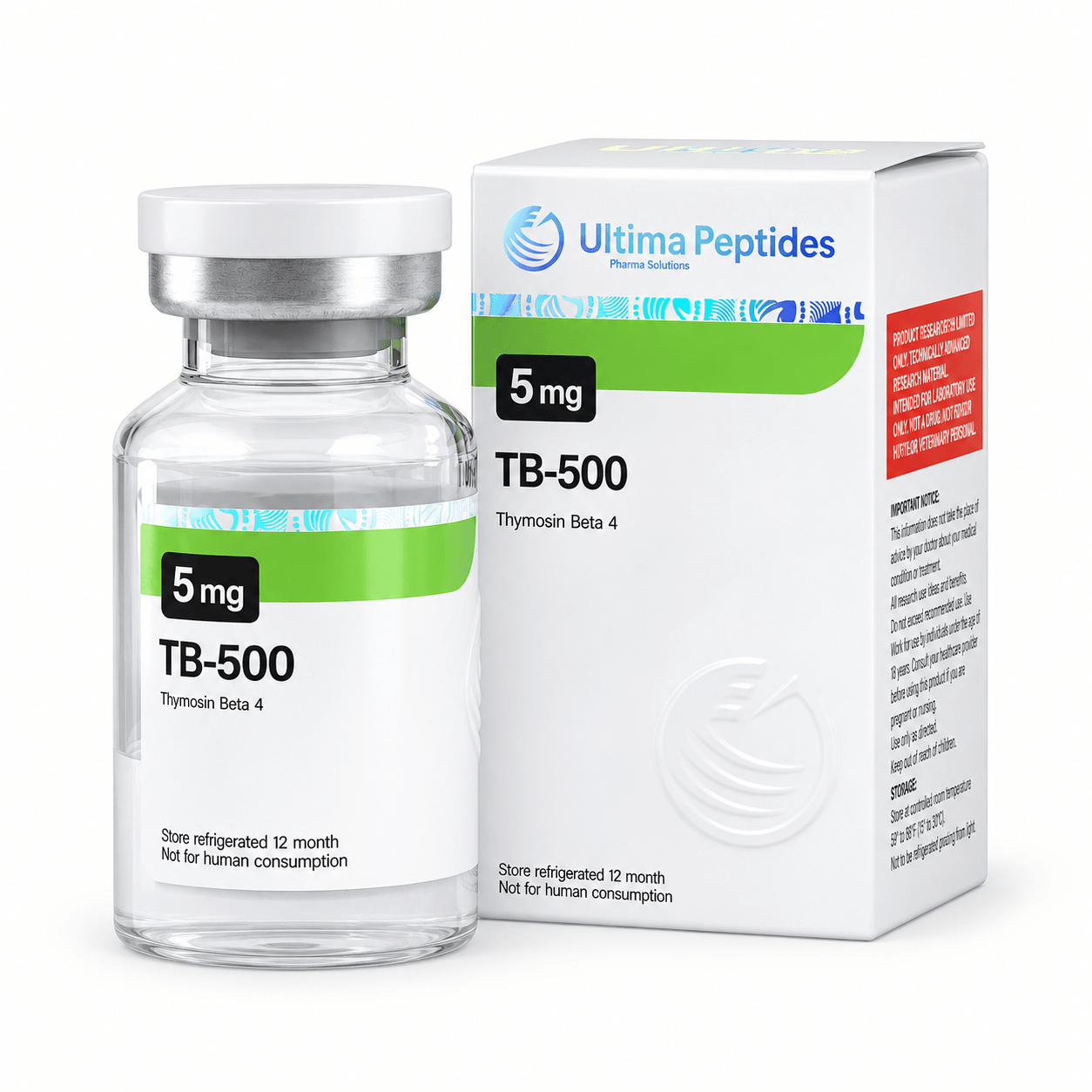 Ultima Peptides TB-500 5 mg vial with matching packaging, containing Thymosin Beta 4, isolated on a clean white background.