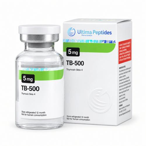 Ultima Peptides TB-500 5 mg vial with matching packaging, containing Thymosin Beta 4, isolated on a clean white background.