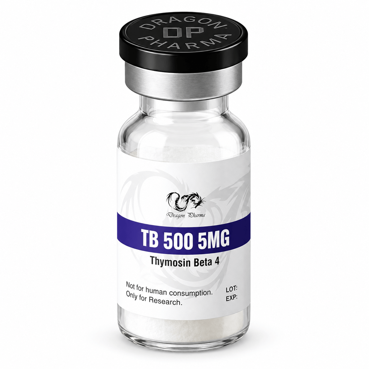 Dragon Pharma TB-500 5 mg vial containing Thymosin Beta 4, isolated on a clean white background.