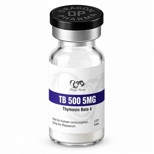 Dragon Pharma TB-500 5 mg vial containing Thymosin Beta 4, isolated on a clean white background.