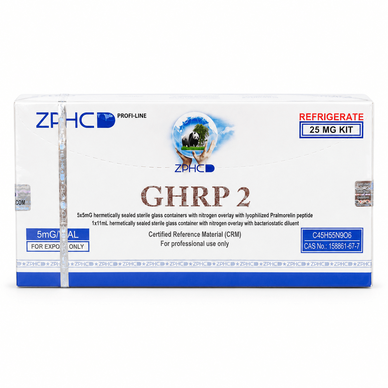 ZPHC Profi-Line GHRP-2 25 mg kit packaging with 5 mg vials, certified reference material for professional use, isolated on a white background.