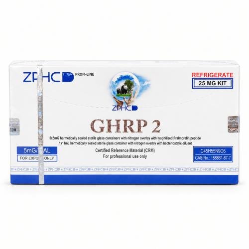 ZPHC Profi-Line GHRP-2 25 mg kit packaging with 5 mg vials, certified reference material for professional use, isolated on a white background.
