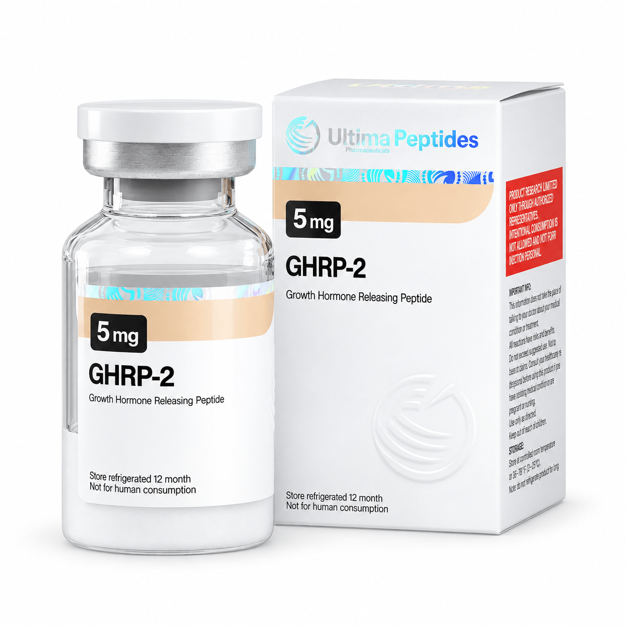 Ultima Peptides GHRP-2 5 mg vial with matching packaging, featuring Growth Hormone Releasing Peptide, isolated on a clean white background.