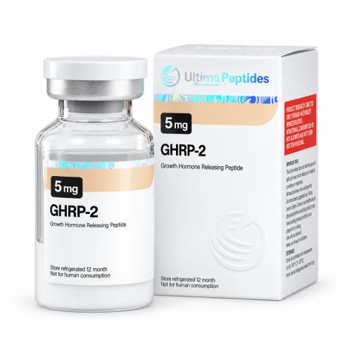Ultima Peptides GHRP-2 5 mg vial with matching packaging, featuring Growth Hormone Releasing Peptide, isolated on a clean white background.