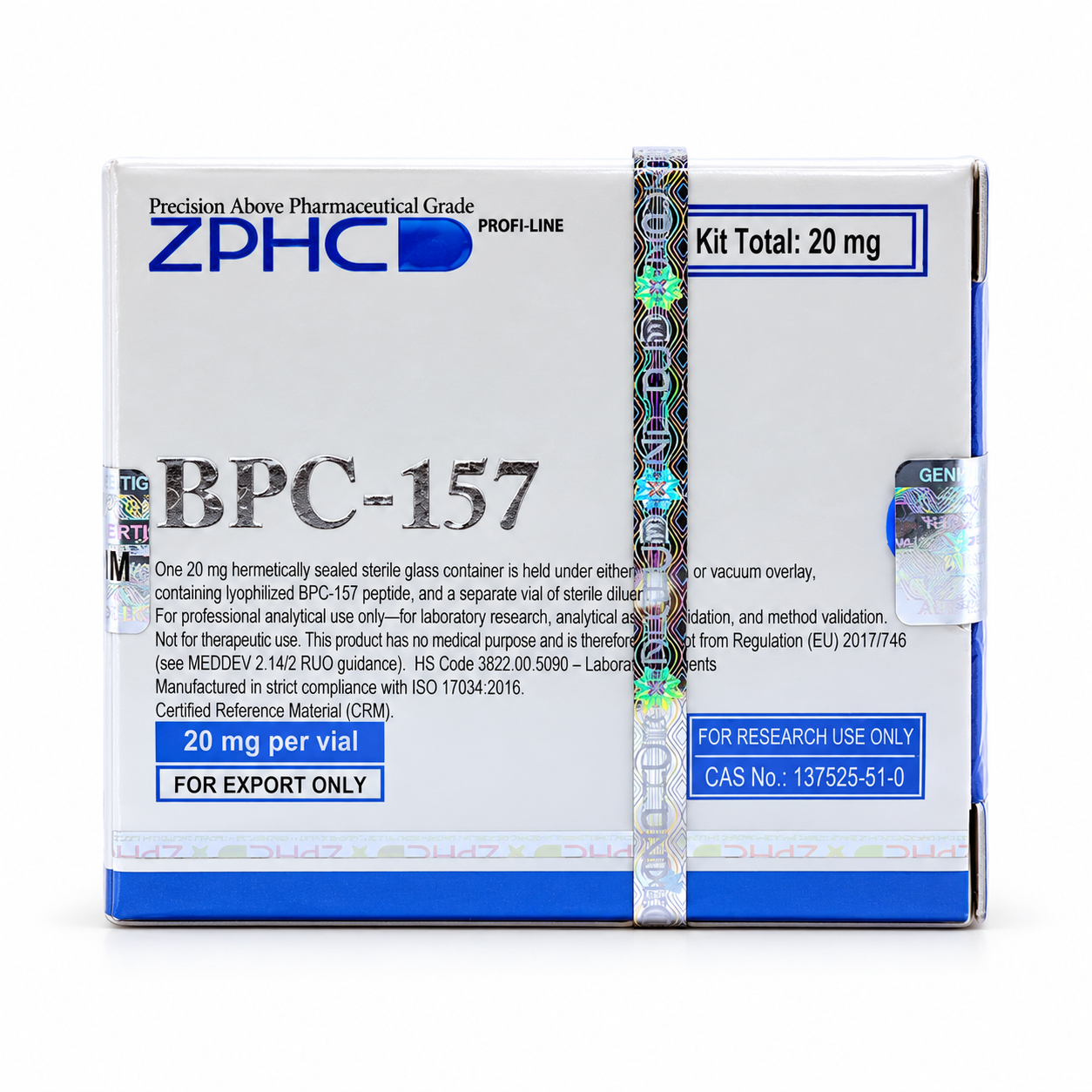 ZPHC Profi-Line BPC-157 20 mg kit packaging with holographic security seals, labeled for research use only, isolated on a clean white background.