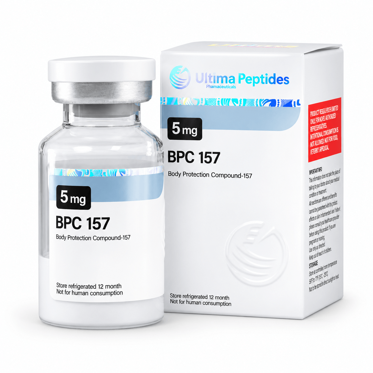 Ultima Peptides BPC 157 5 mg vial with matching packaging, labeled Body Protection Compound-157, isolated on a clean white background.