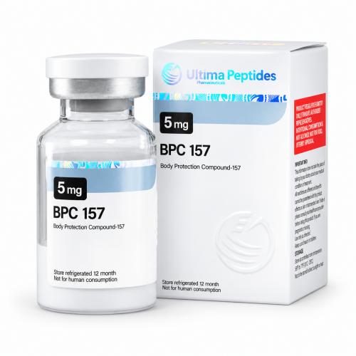 Ultima Peptides BPC 157 5 mg vial with matching packaging, labeled Body Protection Compound-157, isolated on a clean white background.