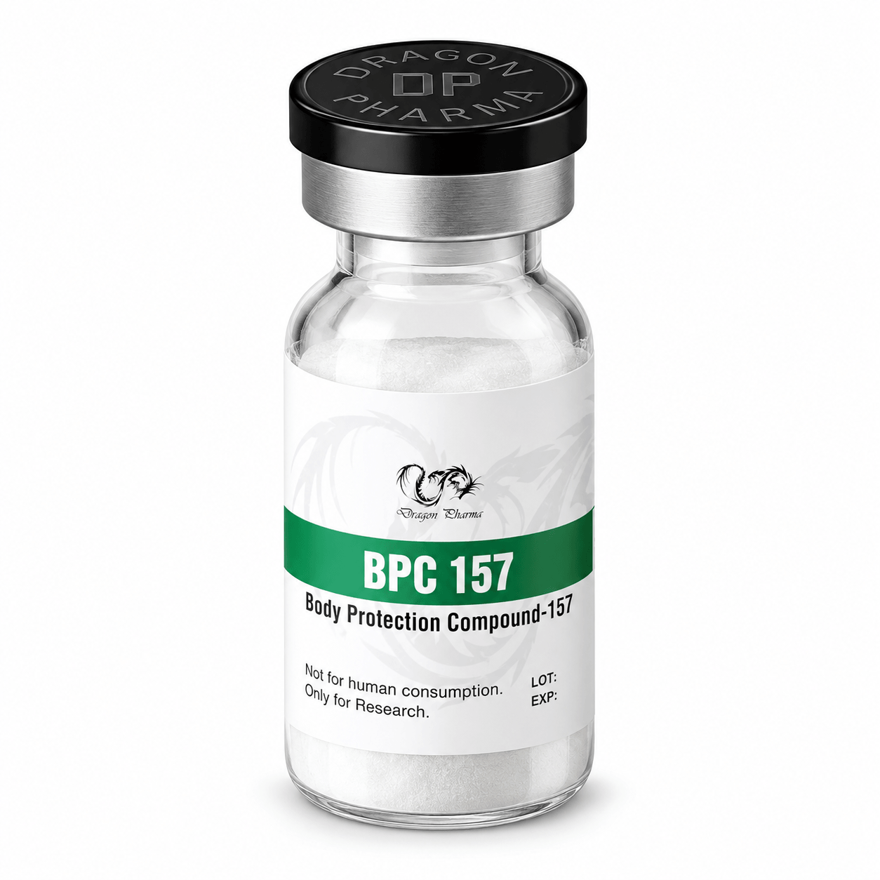 Dragon Pharma BPC 157 vial containing Body Protection Compound-157, isolated on a clean white background.