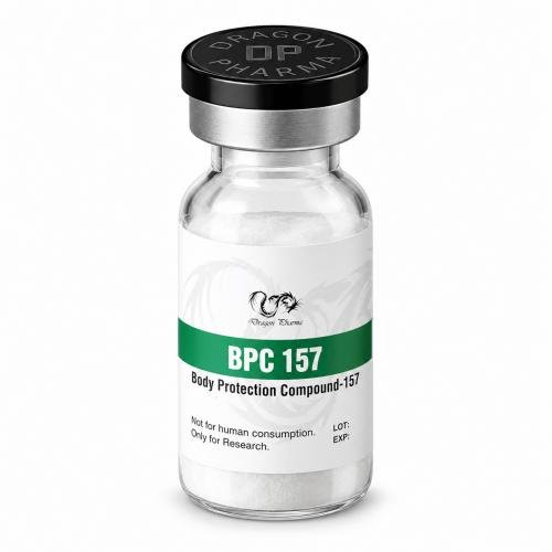 Dragon Pharma BPC 157 vial containing Body Protection Compound-157, isolated on a clean white background.