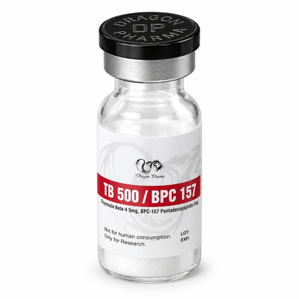 Dragon Pharma TB-500 / BPC-157 10 mg research peptide vial on a white background.