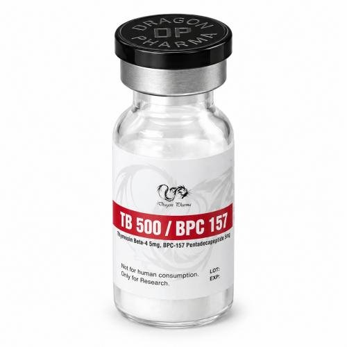 Dragon Pharma TB-500 / BPC-157 10 mg research peptide vial on a white background.
