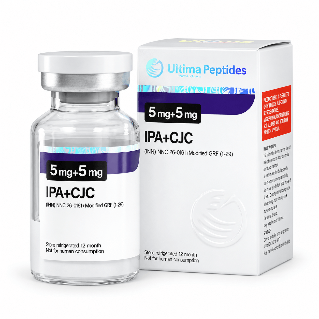 Ultima Peptides IPA+CJC 5 mg + 5 mg research peptide vial with product box on a white background.