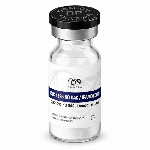 Dragon Pharma CJC 1295 No DAC / Ipamorelin 10 mg research peptide vial on a white background.