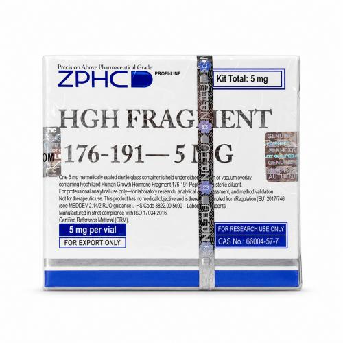ZPHC HGH Fragment 176-191 5 mg research peptide kit in sealed white and blue packaging.