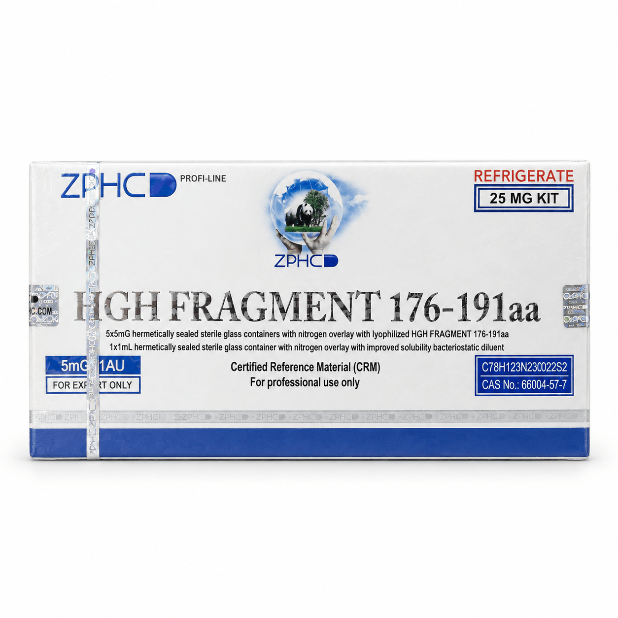 ZPHC HGH Fragment 176-191 25 mg research peptide kit in sealed white and blue packaging.