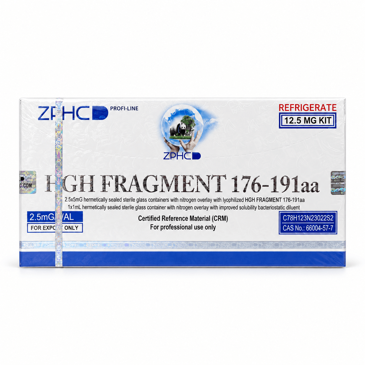 ZPHC HGH Fragment 176-191 12.5 mg research peptide kit in sealed white and blue packaging.