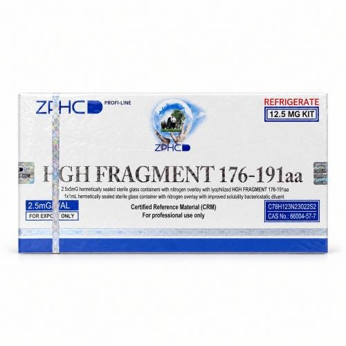 ZPHC HGH Fragment 176-191 12.5 mg research peptide kit in sealed white and blue packaging.