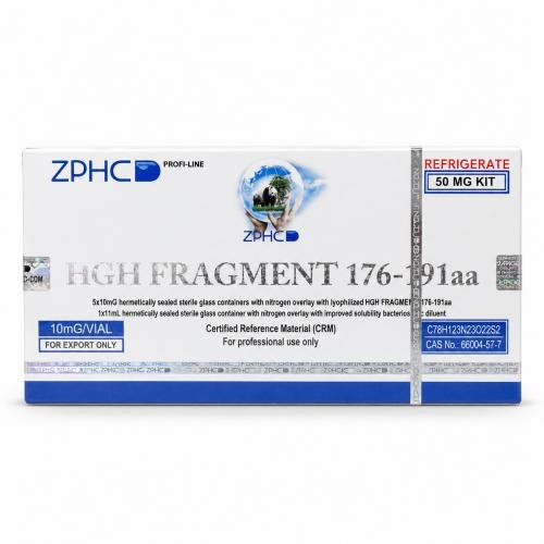 ZPHC HGH Fragment 176-191 50 mg research peptide kit in sealed white and blue packaging.