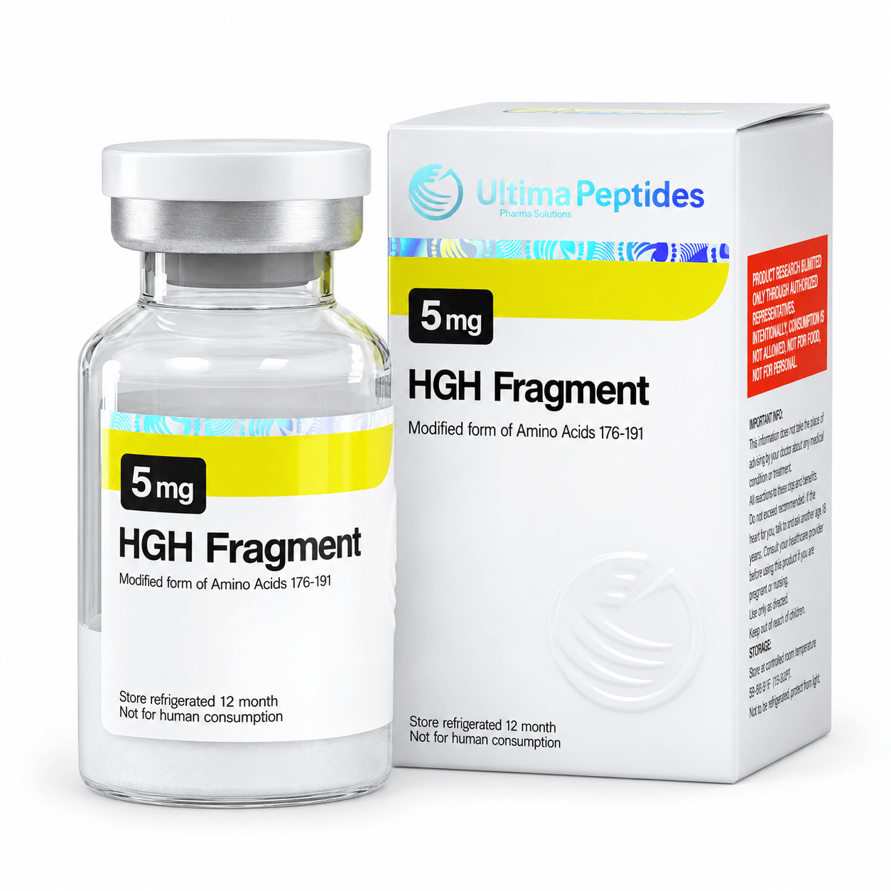 Ultima Peptides HGH Fragment 5 mg vial and matching product box, labeled “Modified form of Amino Acids 176-191,” shown on a white background.