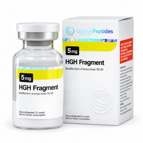 Ultima Peptides HGH Fragment 5 mg vial and matching product box, labeled “Modified form of Amino Acids 176-191,” shown on a white background.