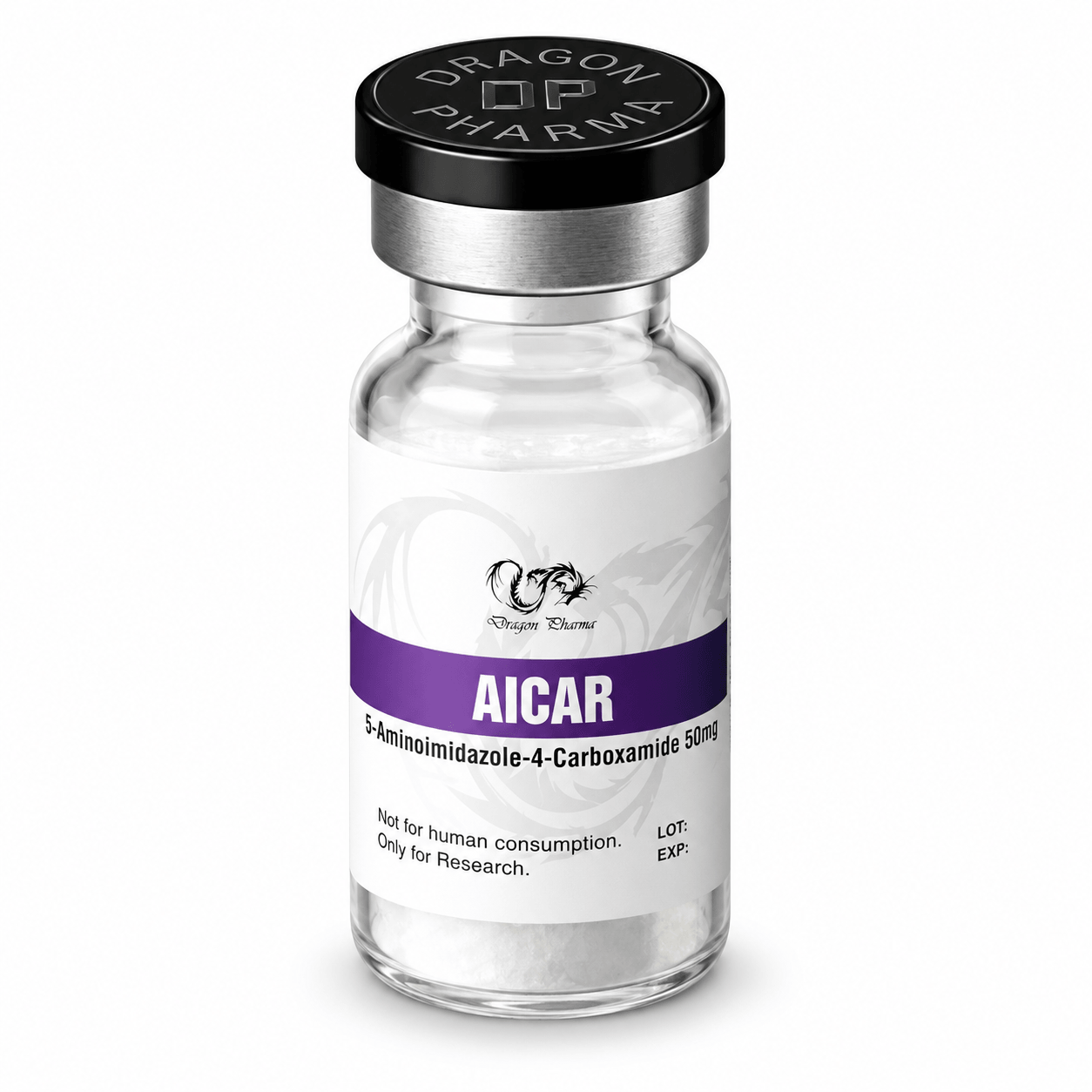 AICAR 50 mg vial by Dragon Pharma with a white and purple label, displayed on a clean white background.