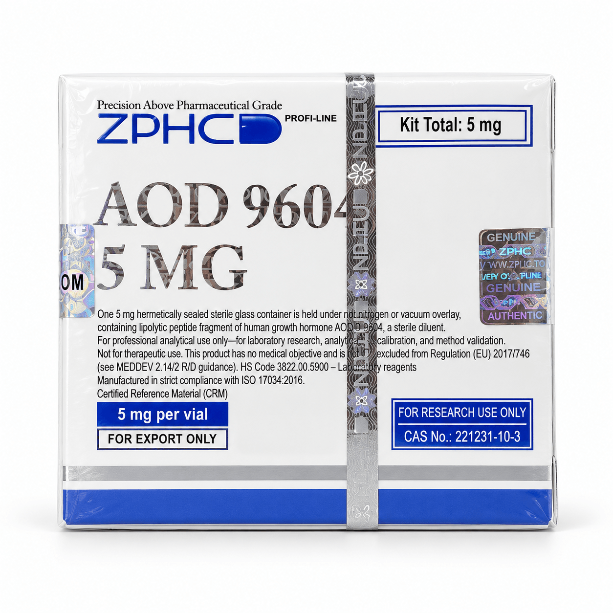 AOD 9604 5 mg kit by ZPHC Profi-Line in sealed white and blue packaging, displayed on a clean white background.