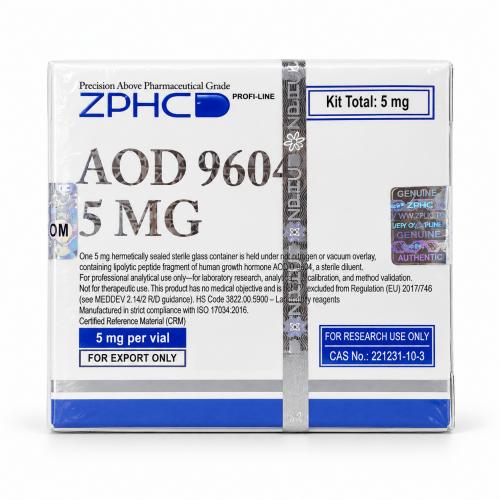 AOD 9604 5 mg kit by ZPHC Profi-Line in sealed white and blue packaging, displayed on a clean white background.