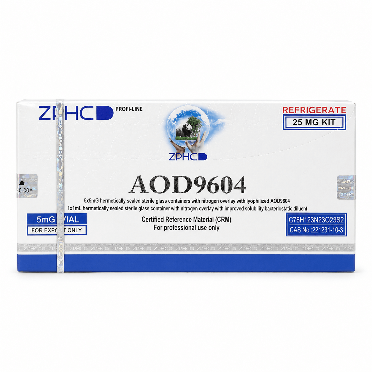 AOD9604 25 mg kit by ZPHC Profi-Line in sealed white and blue packaging, displayed on a clean white background.