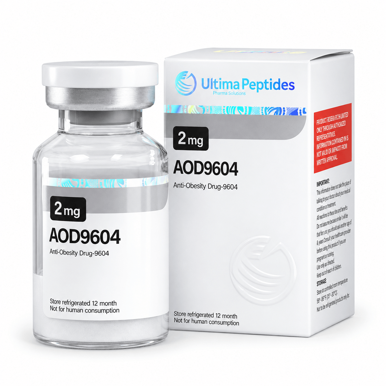 AOD9604 2 mg vial and UltimaPeptides packaging, displayed together on a clean white background.