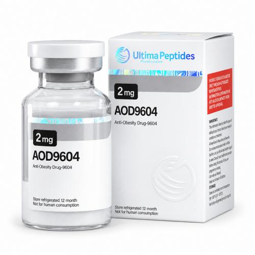 AOD9604 2 mg vial and UltimaPeptides packaging, displayed together on a clean white background.