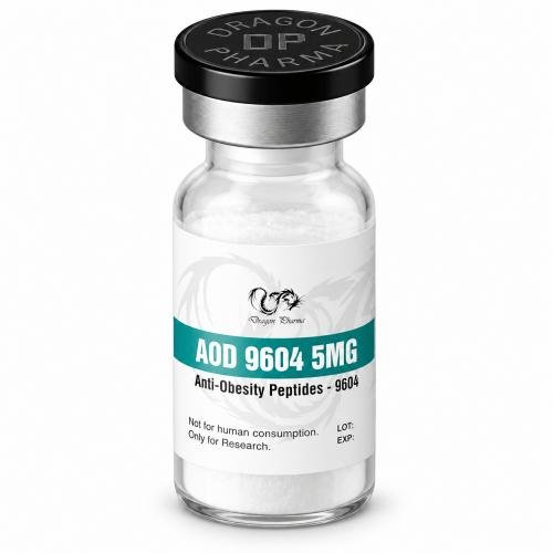 AOD 9604 5 mg vial by Dragon Pharma with a teal and white label, displayed on a clean white background.