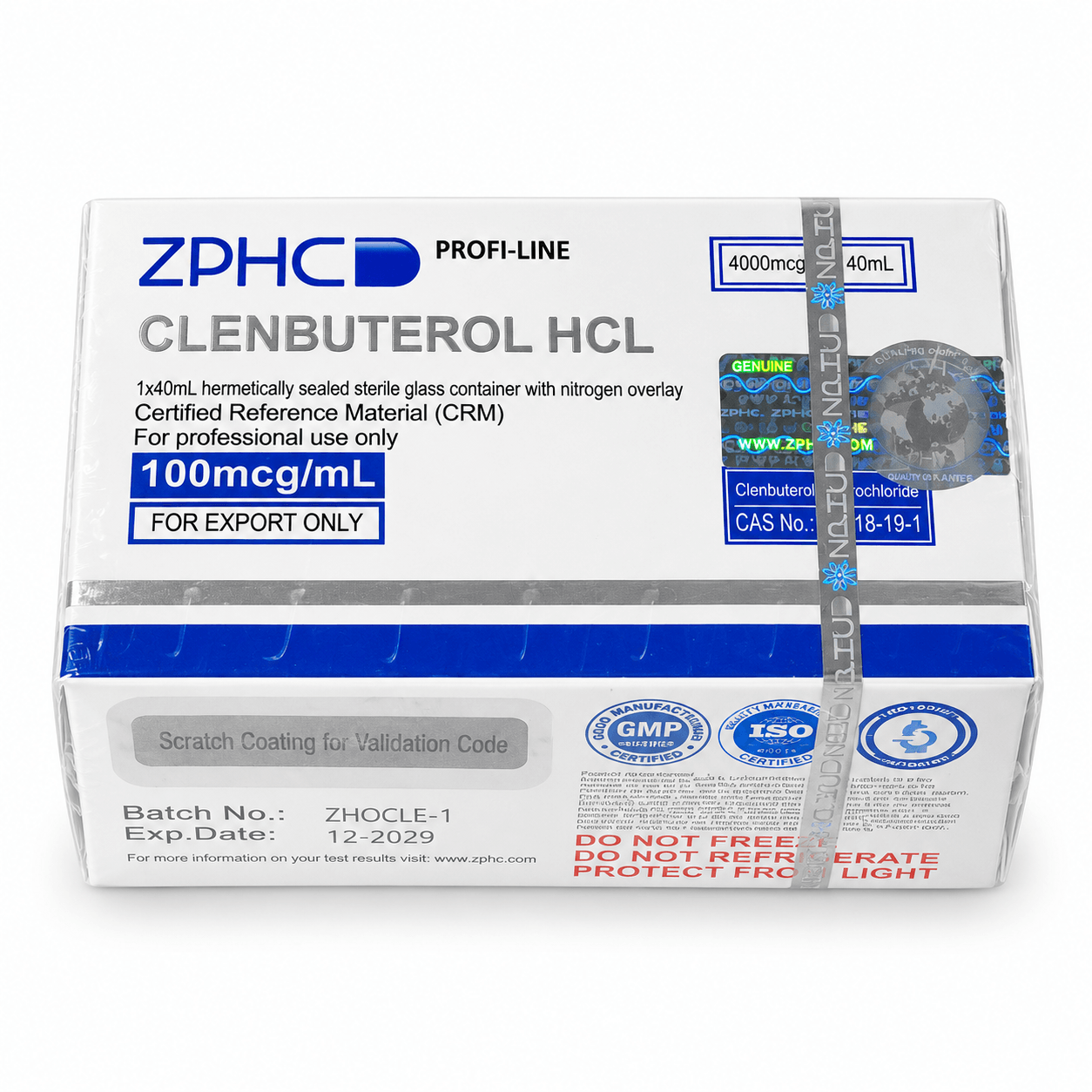 ZPHC Profi-Line Clenbuterol HCL 100 mcg/mL, 40 mL package in sealed white and blue packaging, displayed on a clean white background.