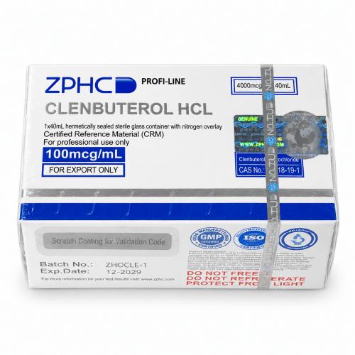 ZPHC Profi-Line Clenbuterol HCL 100 mcg/mL, 40 mL package in sealed white and blue packaging, displayed on a clean white background.
