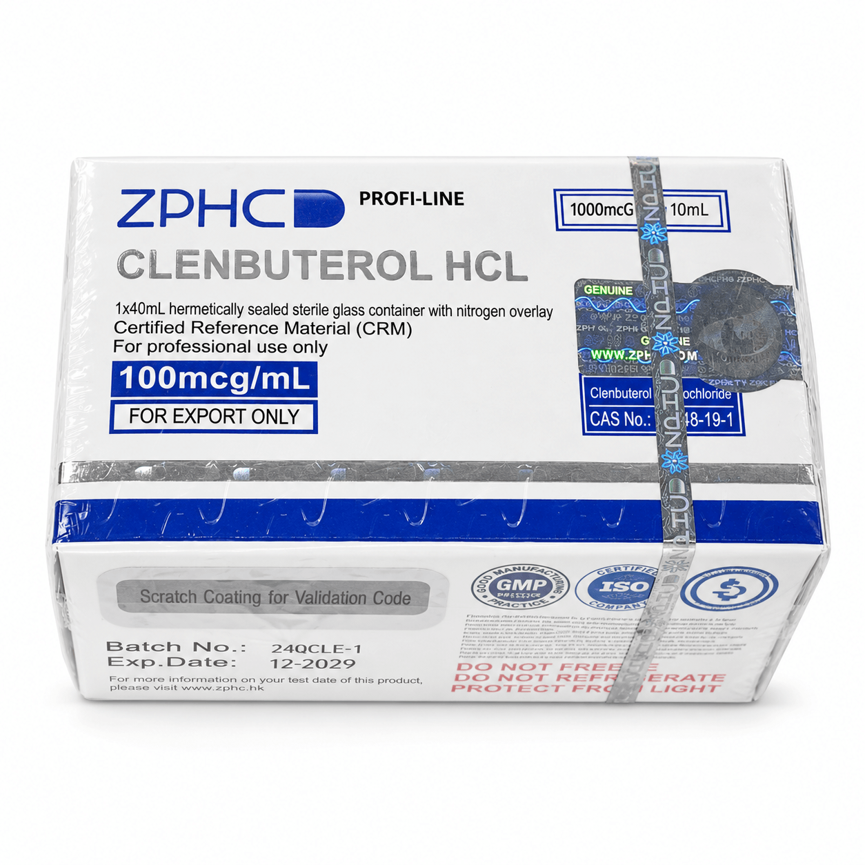 ZPHC Profi-Line Clenbuterol HCL 100 mcg/mL, 10 mL package with 1000 mcg total content, displayed on a clean white background.