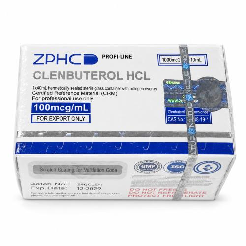 ZPHC Profi-Line Clenbuterol HCL 100 mcg/mL, 10 mL package with 1000 mcg total content, displayed on a clean white background.